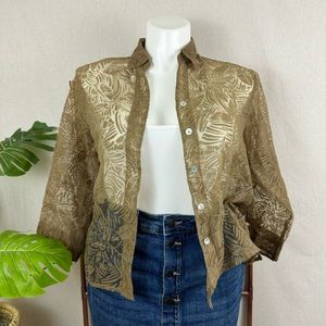 Coldwater Creek Sheer Burnout Tropical Print Button Down Top (Sz L)